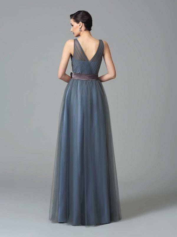 A-Line/Princess Straps Sash/Ribbon/Belt Sleeveless Long Net Bridesmaid Dresses Evening Prom Dress