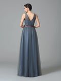 A-Line/Princess Straps Sash/Ribbon/Belt Sleeveless Long Net Bridesmaid Dresses Evening Prom Dress