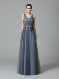 A-Line/Princess Straps Sash/Ribbon/Belt Sleeveless Long Net Bridesmaid Dresses Evening Prom Dress