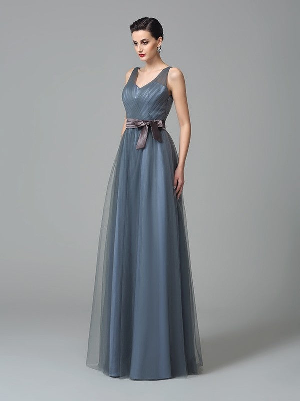 A-Line/Princess Straps Sash/Ribbon/Belt Sleeveless Long Net Bridesmaid Dresses Evening Prom Dress