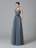 A-Line/Princess Straps Sash/Ribbon/Belt Sleeveless Long Net Bridesmaid Dresses Evening Prom Dress