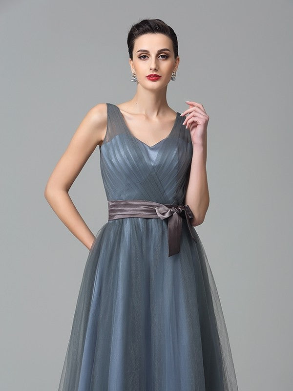 A-Line/Princess Straps Sash/Ribbon/Belt Sleeveless Long Net Bridesmaid Dresses Evening Prom Dress