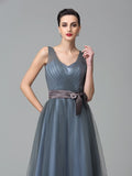 A-Line/Princess Straps Sash/Ribbon/Belt Sleeveless Long Net Bridesmaid Dresses Evening Prom Dress