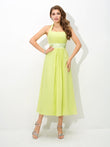 Vestido de dama de honor de gasa larga, sin mangas, con cuello halter, corte princesa, plisado, para invitada de boda