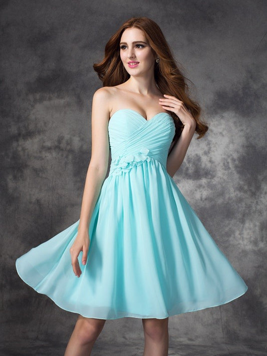 A-Linie/Princess-Linie Herzausschnitt Rüschen Ärmellos Kurz Chiffon Brautjungfernkleider Homecoming Ballkleid
