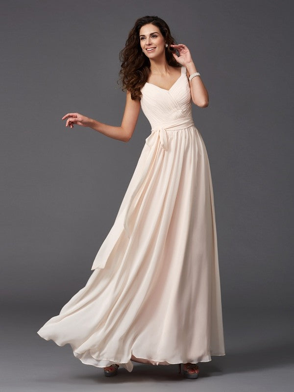 Vestido de dama de honor largo de gasa sin mangas con tirantes tipo princesa, faja, cinta o cinturón, para invitada de boda