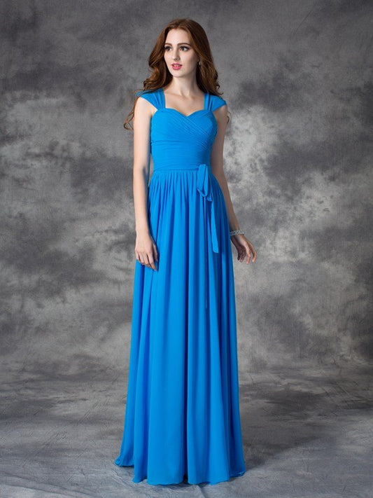 A-line/Princess Straps Ruffles Sleeveless Long Chiffon Bridesmaid Dresses Evening Prom Dress