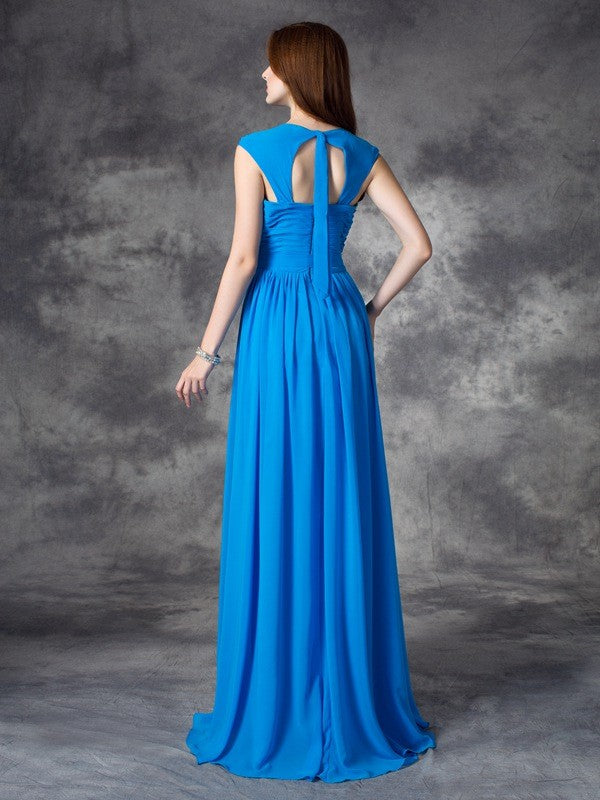 A-line/Princess Straps Ruffles Sleeveless Long Chiffon Bridesmaid Dresses Evening Prom Dress