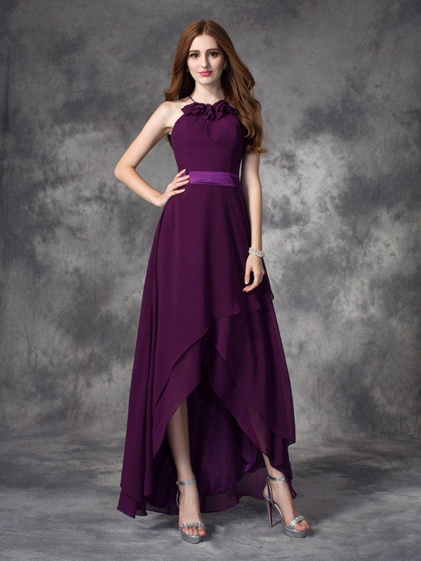 A-line/Princess Halter Ruffles Sleeveless High Low Chiffon Bridesmaid Dresses Evening Prom Dress