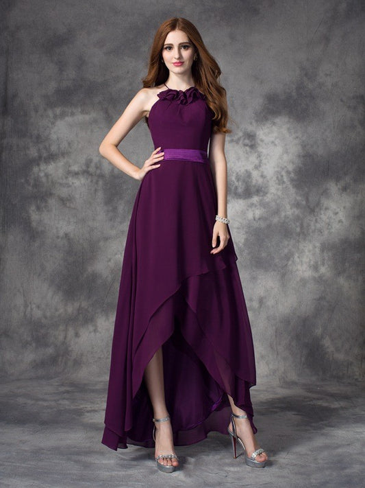 A-line/Princess Halter Ruffles Sleeveless High Low Chiffon Bridesmaid Dresses Evening Prom Dress