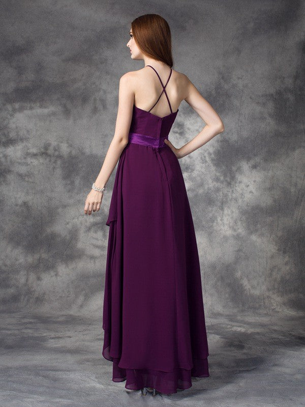 A-line/Princess Halter Ruffles Sleeveless High Low Chiffon Bridesmaid Dresses Evening Prom Dress