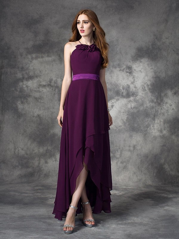 A-line/Princess Halter Ruffles Sleeveless High Low Chiffon Bridesmaid Dresses Evening Prom Dress