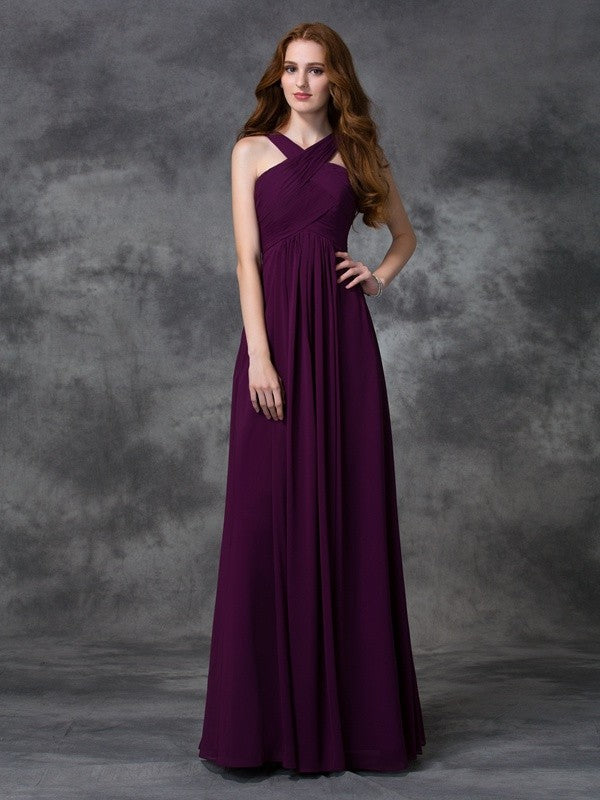 A-Linie/Princess-Linie Träger Gerüscht Ärmellos Lang Chiffon Brautjungfernkleider Abendkleid