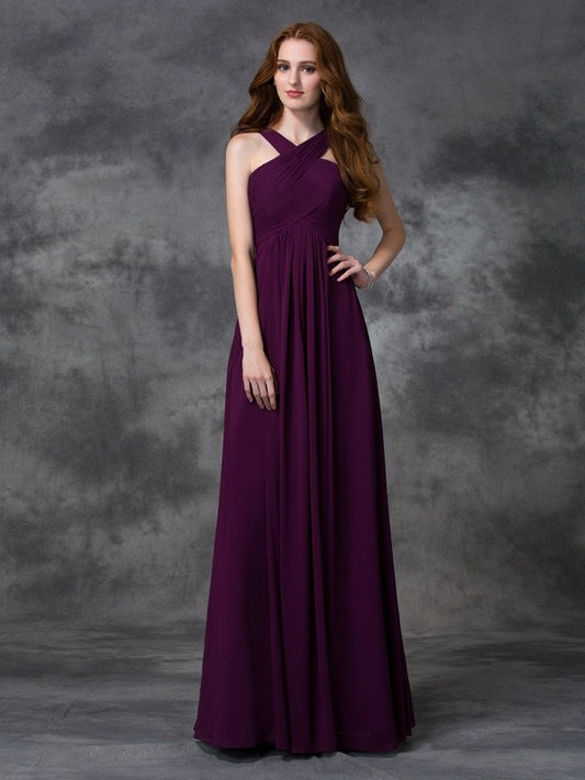 Vestido de noche de gasa larga para dama de honor, corte A/princesa, fruncido, sin mangas y con tirantes