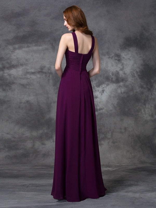 A-Linie/Princess-Linie Träger Gerüscht Ärmellos Lang Chiffon Brautjungfernkleider Abendkleid