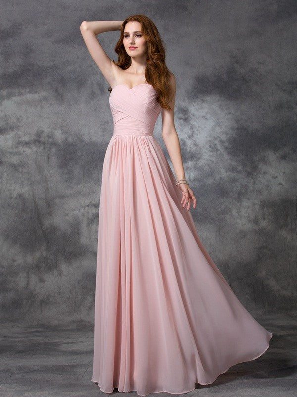A-line/Princess Sweetheart Sleeveless Ruched Long Chiffon Bridesmaid Dresses Prom Dress
