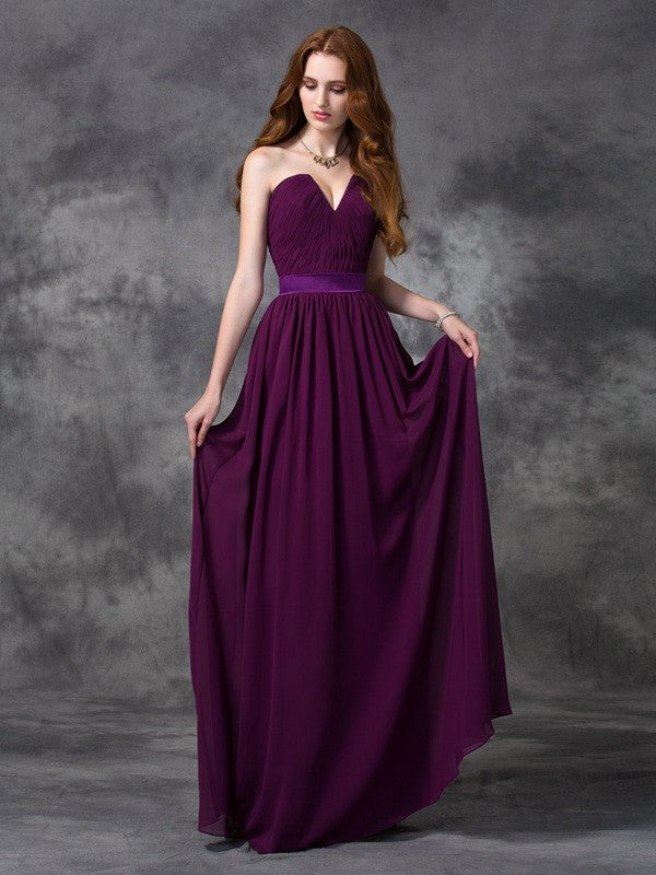 A-line/Princess Sweetheart Ruched Sleeveless Long Chiffon Bridesmaid Dresses Evening Prom Dress