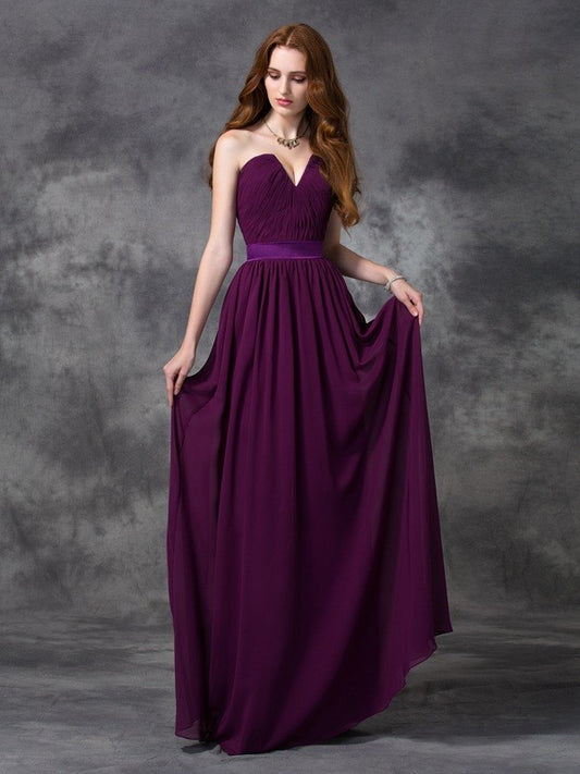 A-line/Princess Sweetheart Ruched Sleeveless Long Chiffon Bridesmaid Dresses Evening Prom Dress