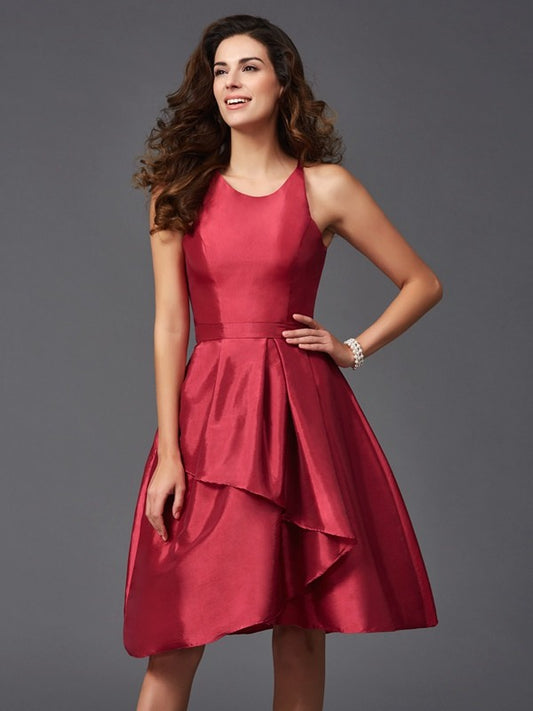 A-Linie/Princess-Linie U-Ausschnitt Rüschen Ärmellos Kurz Satin Brautjungfernkleider Homecoming Ballkleid