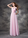 A-line/Princess V-neck Hand-Made Flower Sleeveless Long Chiffon Bridesmaid Dresses Evening Prom Dress