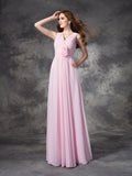 A-line/Princess V-neck Hand-Made Flower Sleeveless Long Chiffon Bridesmaid Dresses Evening Prom Dress