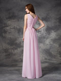 A-line/Princess V-neck Hand-Made Flower Sleeveless Long Chiffon Bridesmaid Dresses Evening Prom Dress