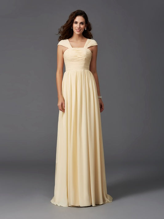 A-Line/Princess Straps Ruffles Sleeveless Long Chiffon Bridesmaid Dresses Evening Prom Dress