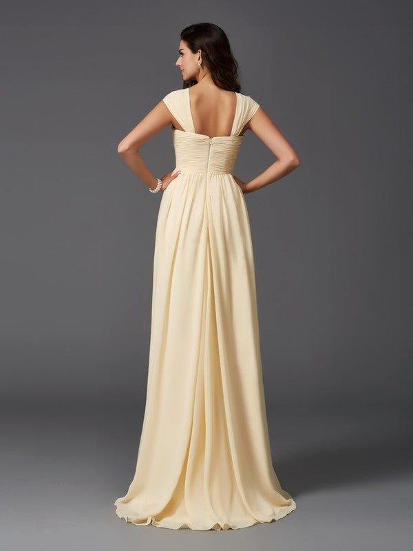 A-Line/Princess Straps Ruffles Sleeveless Long Chiffon Bridesmaid Dresses Evening Prom Dress