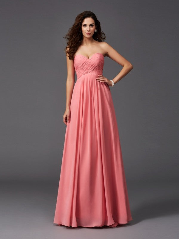 A-Line/Princess Sweetheart Ruffles Sleeveless Long Chiffon Bridesmaid Dresses Evening Prom Dress