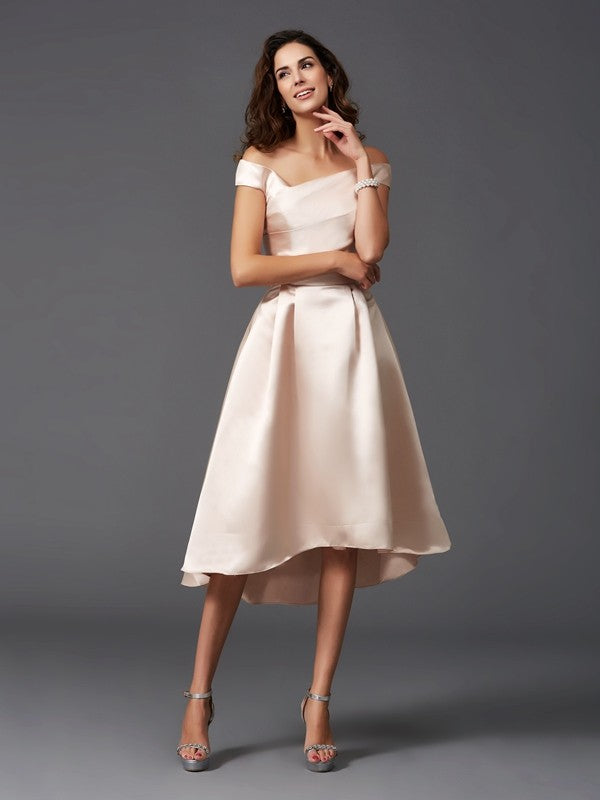 Vestido de dama de honor de satén, corte A/princesa, sin mangas, hombros descubiertos, corte alto bajo, para invitada de boda