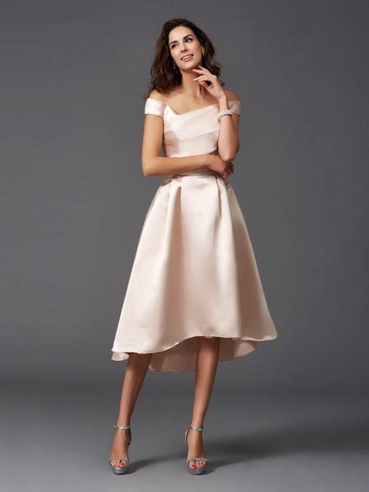 Vestido de dama de honor de satén, corte A/princesa, sin mangas, hombros descubiertos, corte alto bajo, para invitada de boda