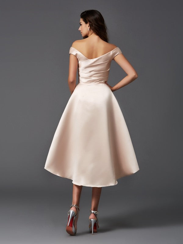 Vestido de dama de honor de satén, corte A/princesa, sin mangas, hombros descubiertos, corte alto bajo, para invitada de boda