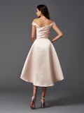Vestido de dama de honor de satén, corte A/princesa, sin mangas, hombros descubiertos, corte alto bajo, para invitada de boda
