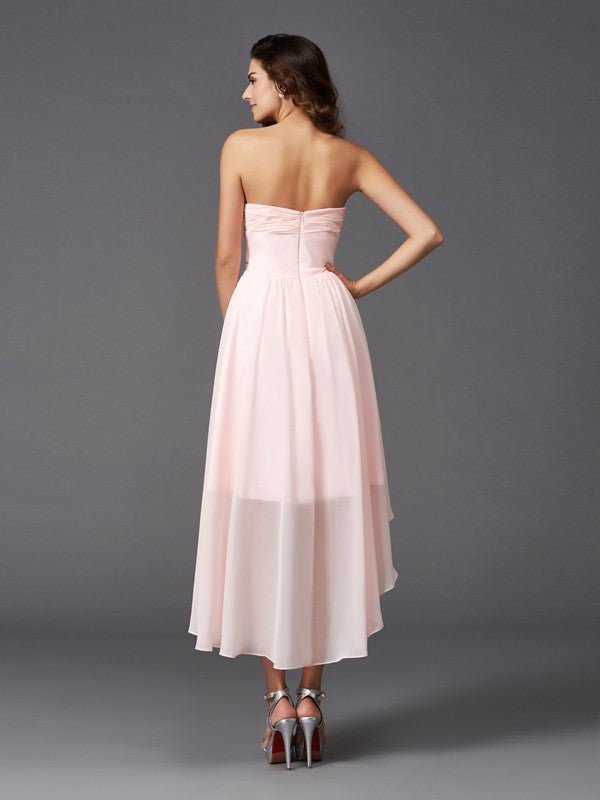 Vestido de dama de honor de gasa con corte A/princesa, escote corazón, volantes, sin mangas, corte alto bajo, para invitada de boda