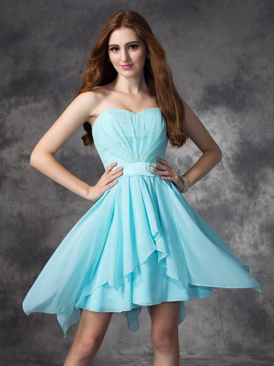 A-Linie/Princess-Linie Herzausschnitt Rüschen Ärmellos Kurz Chiffon Brautjungfernkleider Homecoming Ballkleid