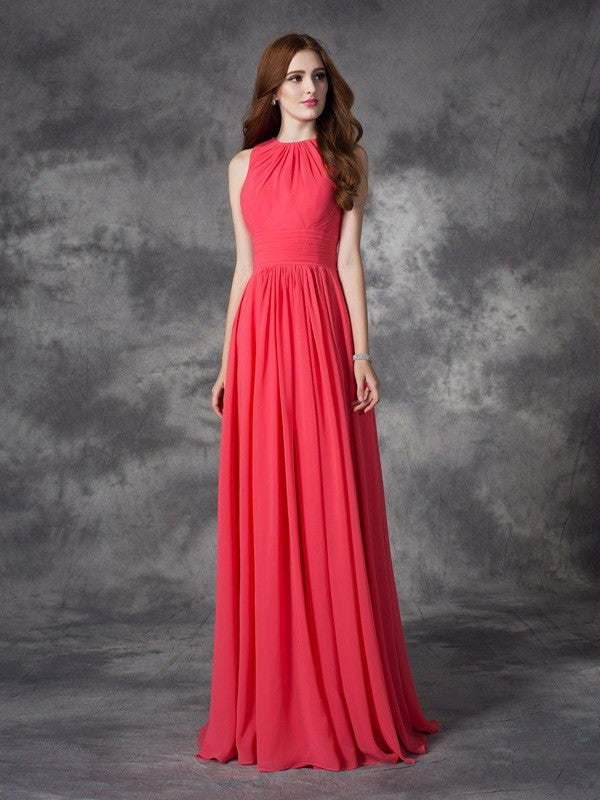 A-line/Princess Jewel Ruffles Sleeveless Long Chiffon Bridesmaid Dresses Evening Prom Dress