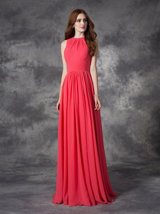 A-line/Princess Jewel Ruffles Sleeveless Long Chiffon Bridesmaid Dresses Evening Prom Dress