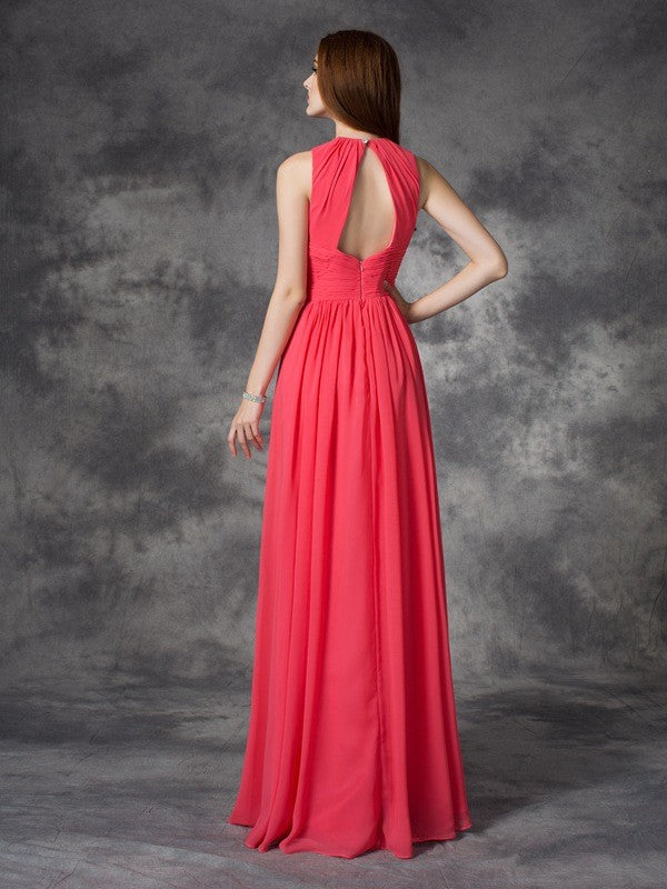 A-line/Princess Jewel Ruffles Sleeveless Long Chiffon Bridesmaid Dresses Evening Prom Dress