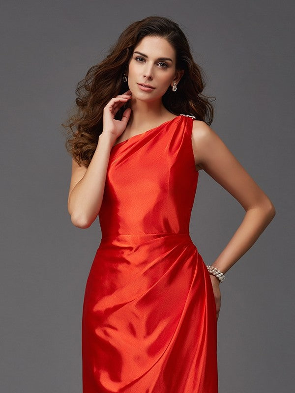 Sheath/Column One-Shoulder Sleeveless Long Silk like Satin Bridesmaid dresses Formal Evening Dress