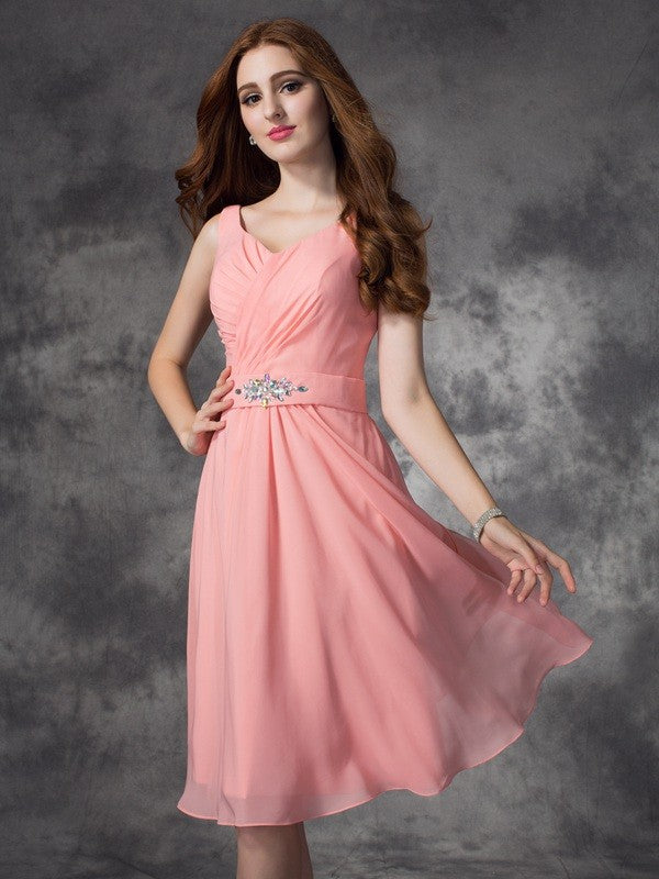 A-Linie/Princess-Linie Träger Strass Ärmellos Kurz Chiffon Brautjungfernkleider Homecoming Ballkleid