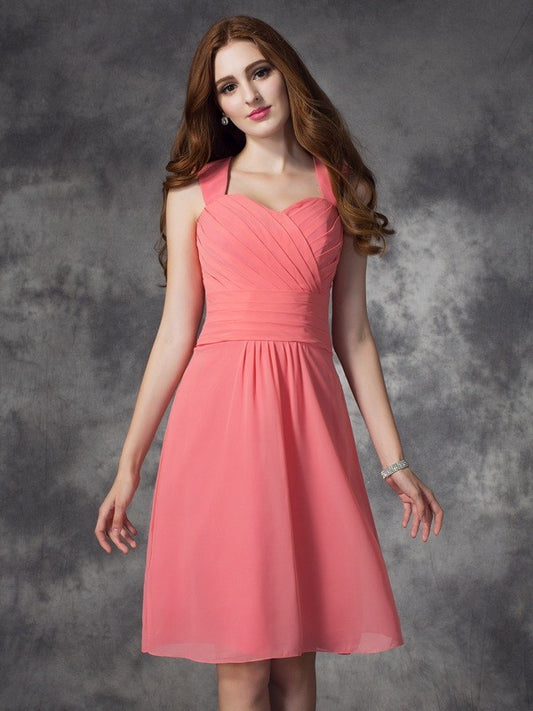 A-Linie/Princess-Linie Träger Gerüscht Ärmellos Kurz Chiffon Brautjungfernkleider Junior Homecoming Kleid