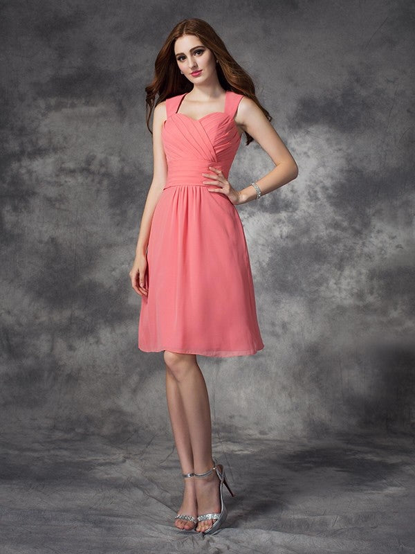 A-Linie/Princess-Linie Träger Gerüscht Ärmellos Kurz Chiffon Brautjungfernkleider Junior Homecoming Kleid