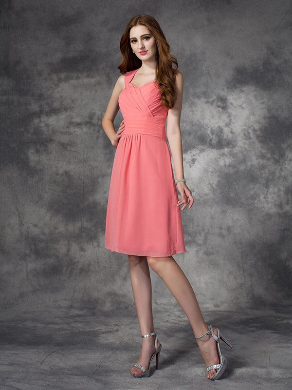 A-Linie/Princess-Linie Träger Gerüscht Ärmellos Kurz Chiffon Brautjungfernkleider Junior Homecoming Kleid