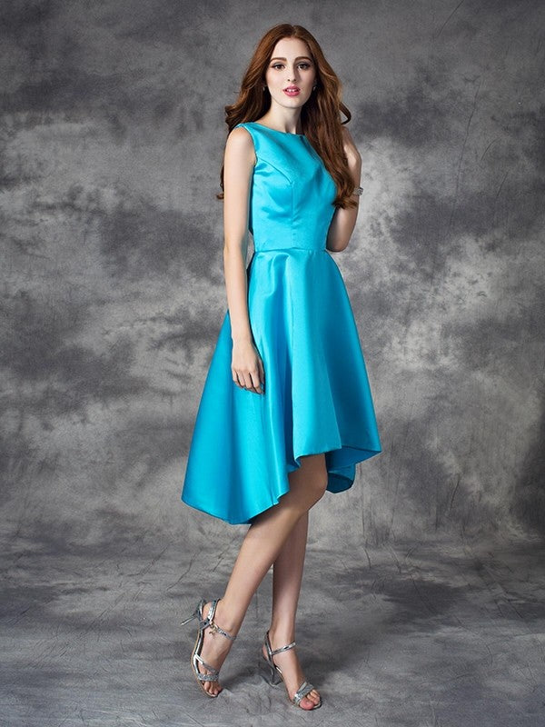 A-line/Princess Bateau Ruffles Sleeveless High Low Satin Bridesmaid Dresses Homecoming Prom Dress