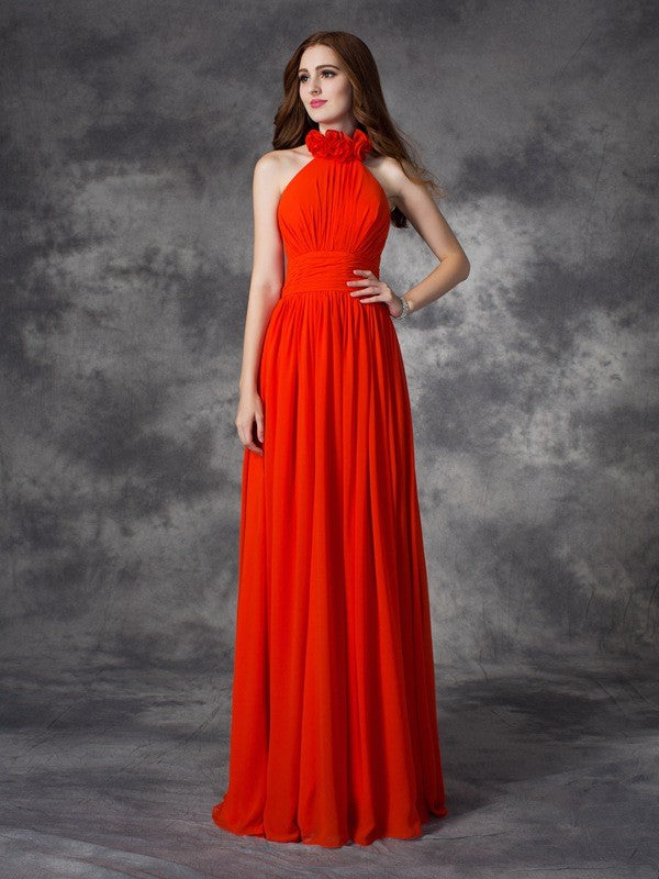 A-line/Princess Halter Hand-Made Flower Sleeveless Long Chiffon Bridesmaid Dresses Formal Evening Dress