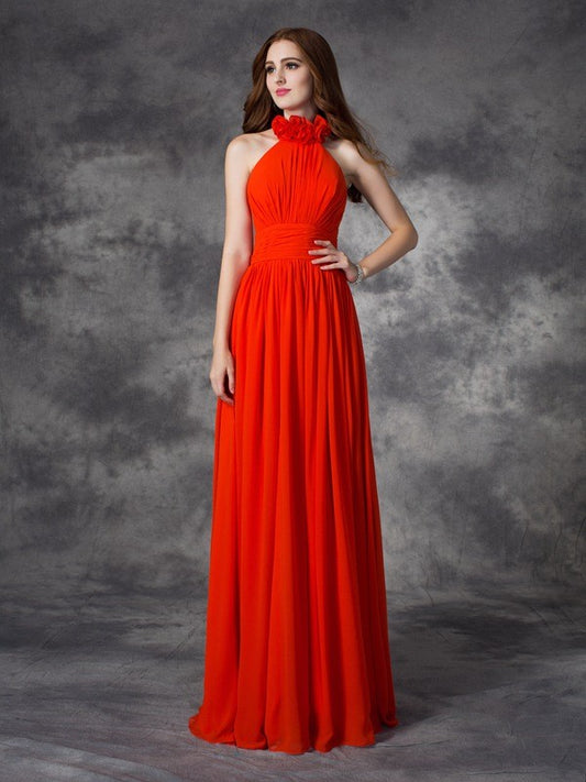 A-line/Princess Halter Hand-Made Flower Sleeveless Long Chiffon Bridesmaid Dresses Formal Evening Dress