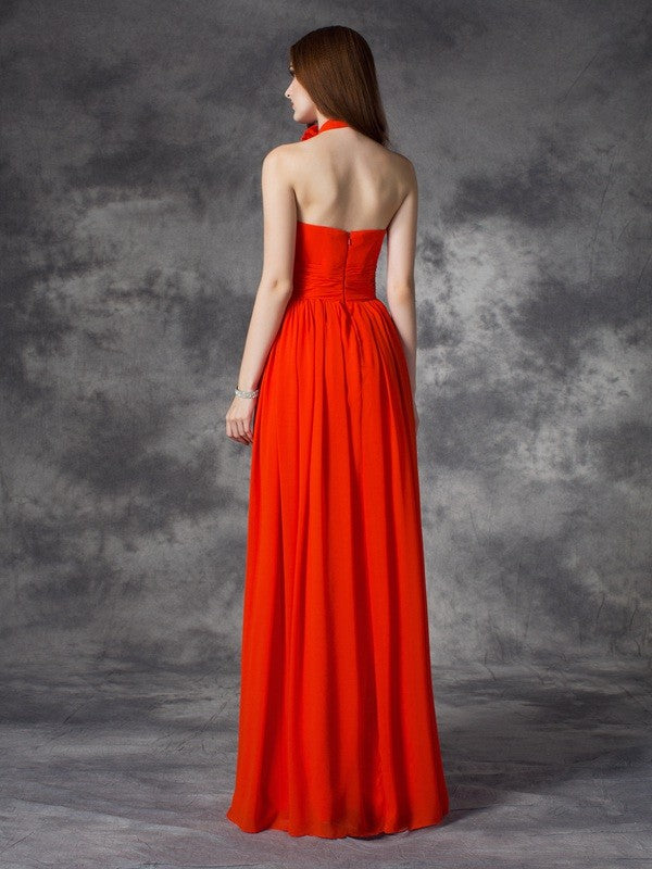 A-line/Princess Halter Hand-Made Flower Sleeveless Long Chiffon Bridesmaid Dresses Formal Evening Dress
