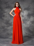 A-line/Princess Halter Hand-Made Flower Sleeveless Long Chiffon Bridesmaid Dresses Formal Evening Dress