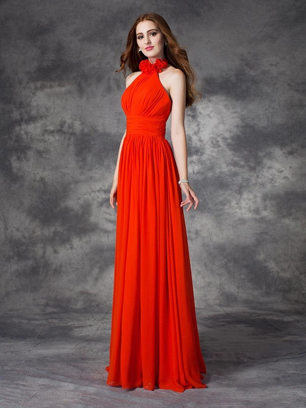 A-line/Princess Halter Hand-Made Flower Sleeveless Long Chiffon Bridesmaid Dresses Formal Evening Dress