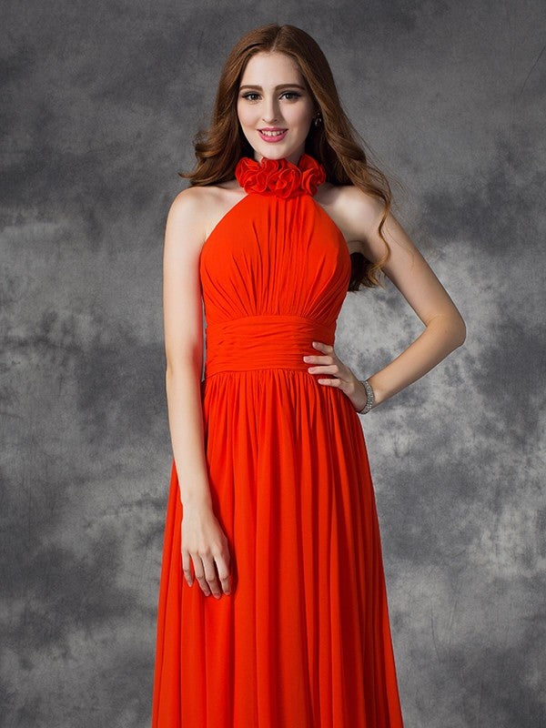 A-line/Princess Halter Hand-Made Flower Sleeveless Long Chiffon Bridesmaid Dresses Formal Evening Dress